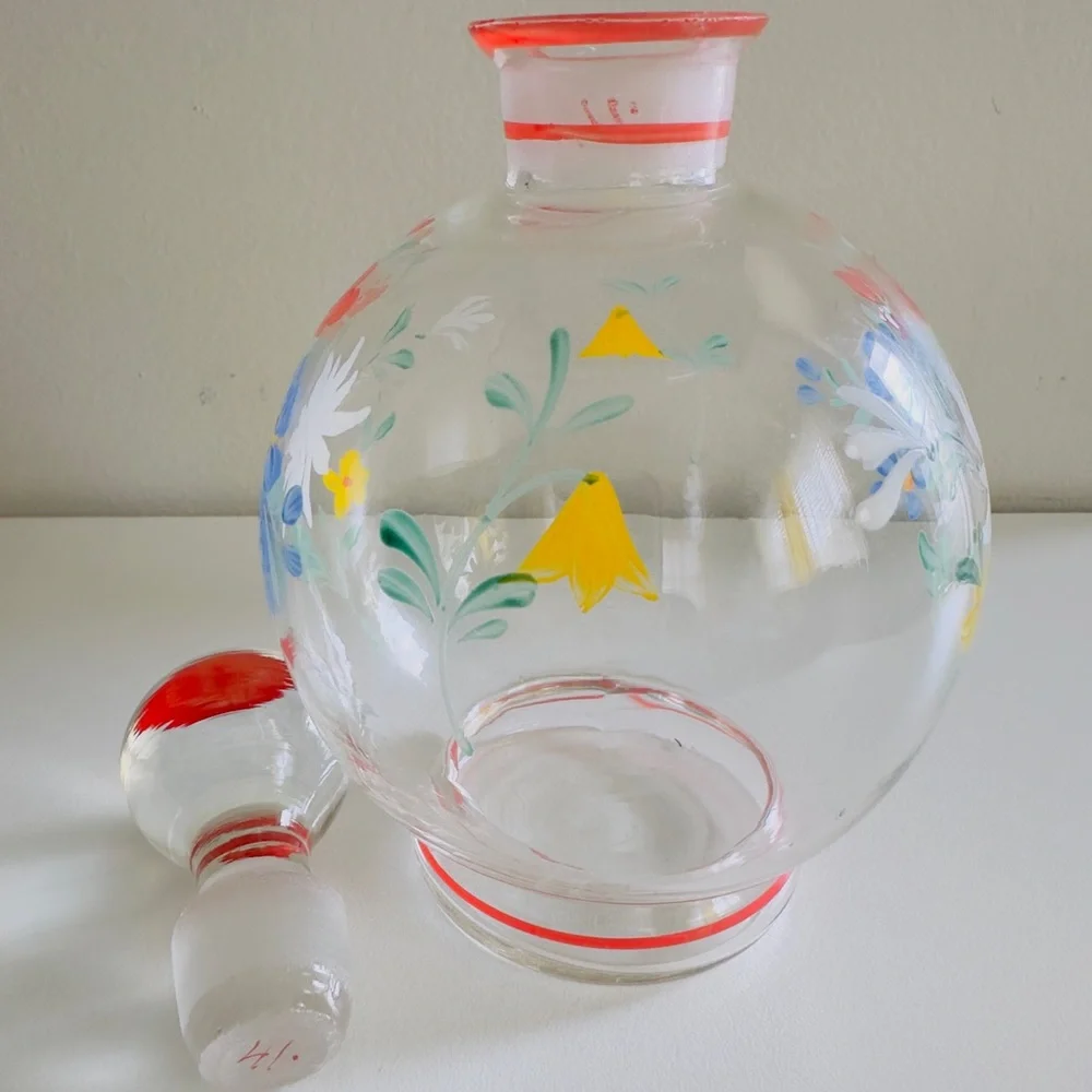 Vintage Hand Painted Floral Glass Decanter Ball Stopper